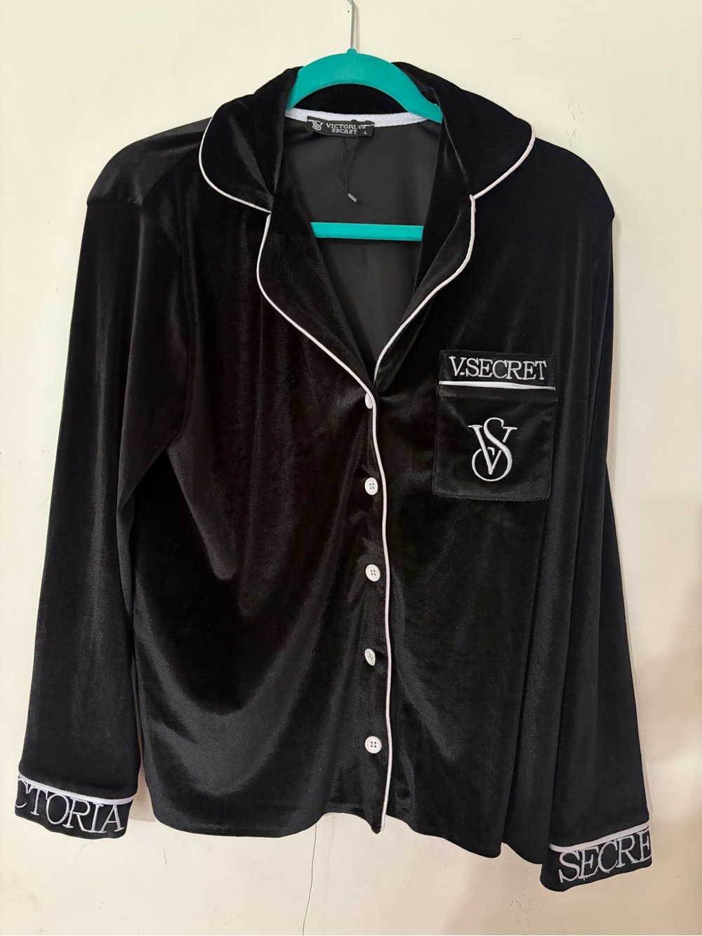 Victoria's Secret Black Velvet Button-Down Pajama Top with White Piping